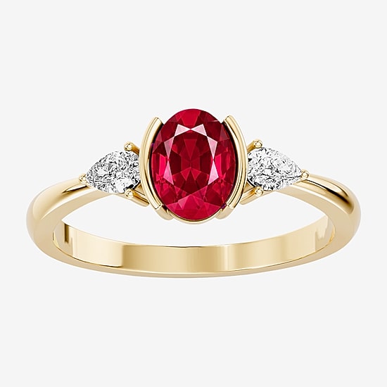1/5 CT. T.W. Lab-Grownd Diamond and Genuine Gemstone 10K Gold Oval 3-Stone Cocktail Ring