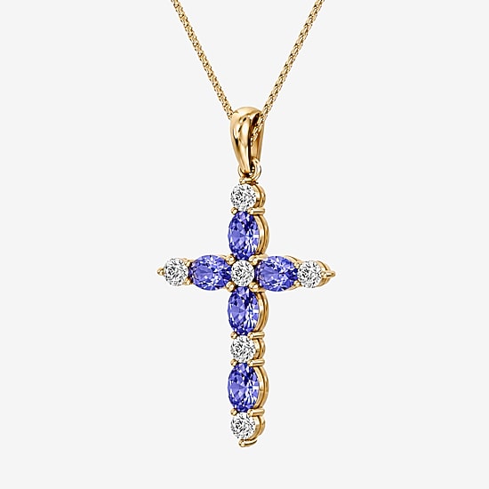 1/4 CT. T.W. Lab-Grownd Diamond and Genuine Gemstone 10K Gold Cross 18 Inch Pendant Necklace