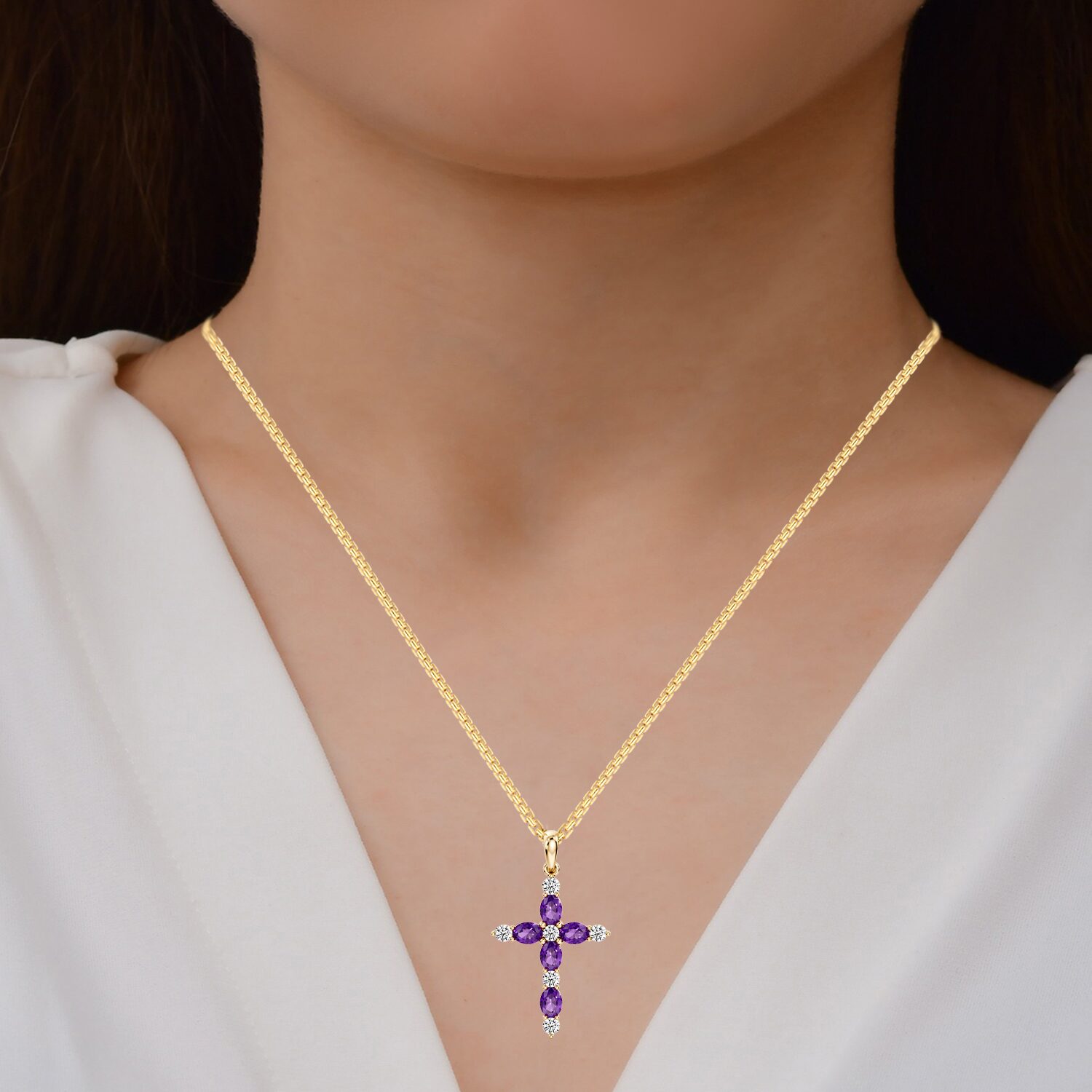 1/4 CT. T.W. Lab-Grownd Diamond and Genuine Gemstone 10K Gold Cross 18 Inch Pendant Necklace