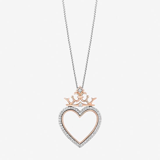 Enchanted Disney Fine Jewelry Womens 1/8 CT. T.W. Natural White Diamond 14K Rose Gold Over Silver Sterling Silver Crown Heart 18 Inch Pendant Necklace