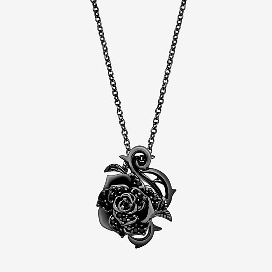 Womens 1/5 CT. Natural Black Diamond Sterling Silver Flower 18 Inch Pendant Necklace
