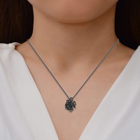 Womens 1/5 CT. Natural Black Diamond Sterling Silver Flower 18 Inch Pendant Necklace