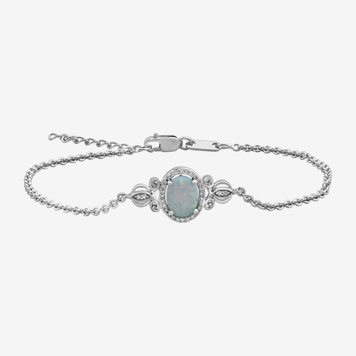 Enchanted Disney Fine Jewelry Womens 1/10 CT. T.W. Lab Created White Opal Sterling Silver Oval Cinderella Princess Charm Bracelet