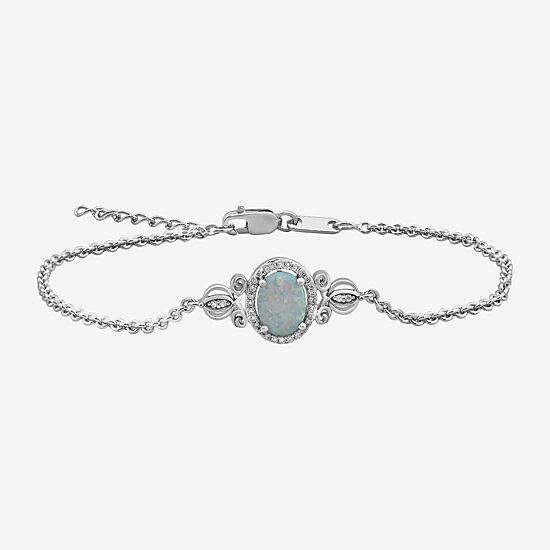 Enchanted Disney Fine Jewelry Womens 1/10 CT. T.W. Lab Created White Opal Sterling Silver Oval Cinderella Princess Charm Bracelet