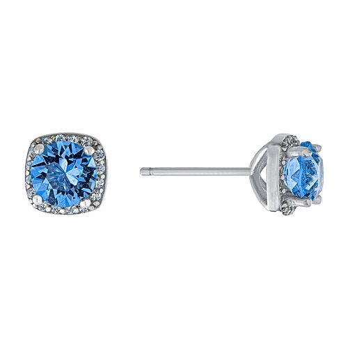 Silver Treasures Red Crystal Sterling Silver 6.8mm Square Stud Earrings, One Size, Blue
