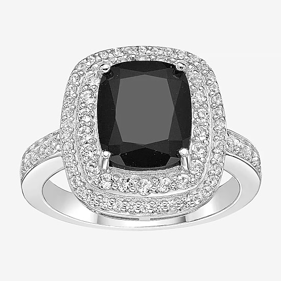 Womens Genuine Black Onyx Sterling Silver Cushion Halo Cocktail Ring
