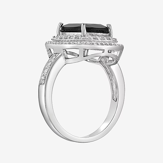 Womens Genuine Black Onyx Sterling Silver Cushion Halo Cocktail Ring