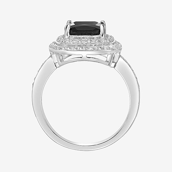 Womens Genuine Black Onyx Sterling Silver Cushion Halo Cocktail Ring