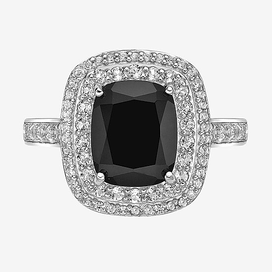Womens Genuine Black Onyx Sterling Silver Cushion Halo Cocktail Ring
