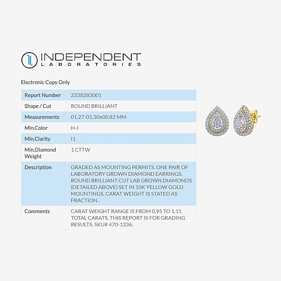 (H-I / I1) 1 CT. T.W. Lab Grown White Diamond 10K Gold 15.4mm Pear Stud Earrings