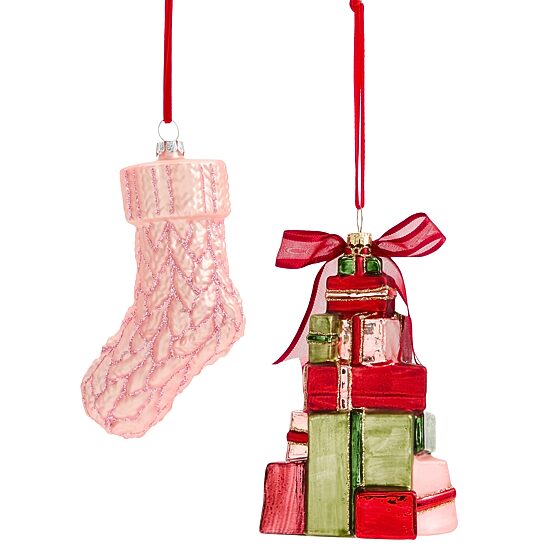 Martha Stewart Glass Gift Boxes Pink Stocking 2-pc. Christmas Ornament