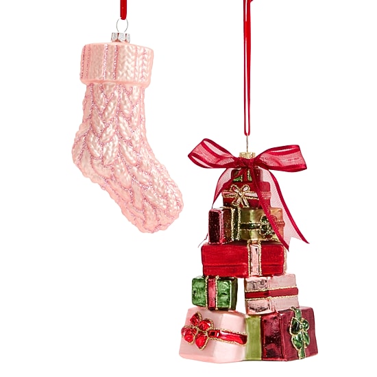 Martha Stewart Glass Gift Boxes Pink Stocking 2-pc. Christmas Ornament