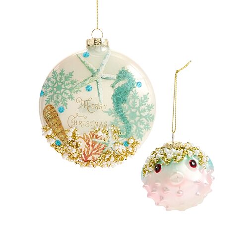 North Pole Trading Co . Merry Sand Dollar Blowfish 2-pc. Christmas Ornament In Blue