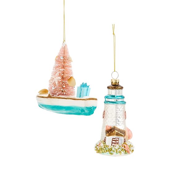 North Pole Trading Co. Coastal Lighthouse And Boat 2-pc. Christmas Ornament