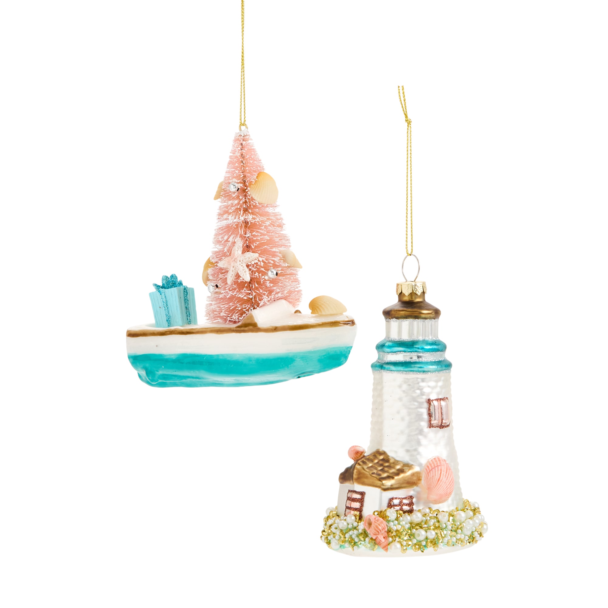 North Pole Trading Co. Coastal Lighthouse And Boat 2-pc. Christmas Ornament