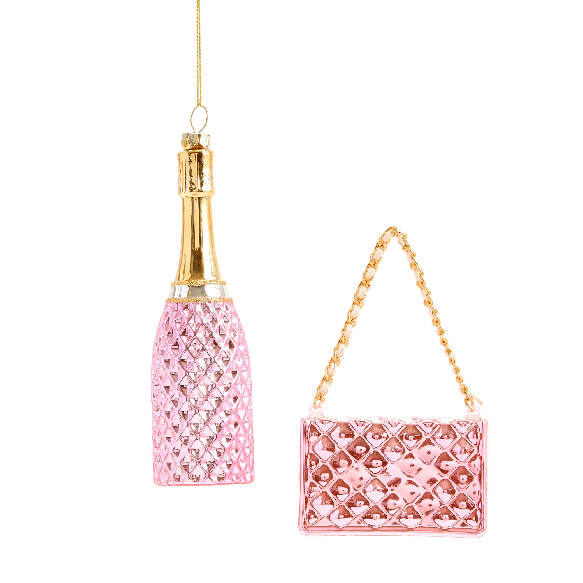 North Pole Trading Co. Pink Champagne And Handbag 2-pc. Christmas Ornament
