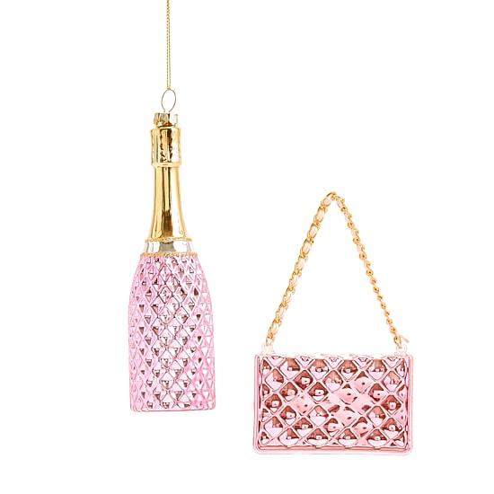 North Pole Trading Co. Pink Champagne And Handbag 2-pc. Christmas Ornament