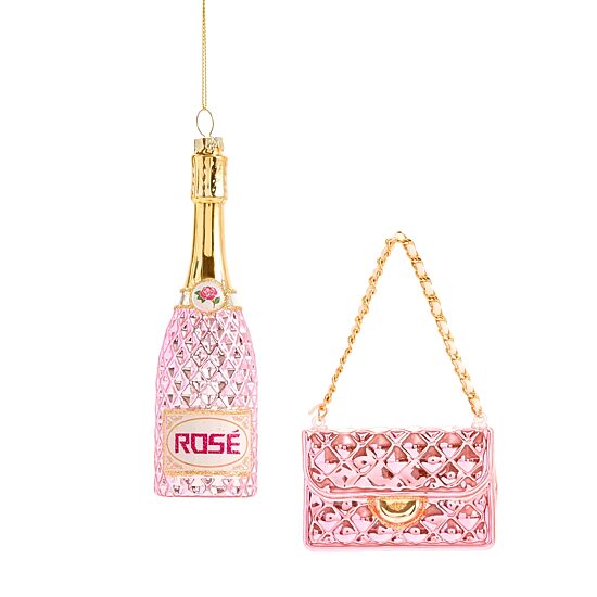 North Pole Trading Co. Pink Champagne And Handbag 2-pc. Christmas Ornament