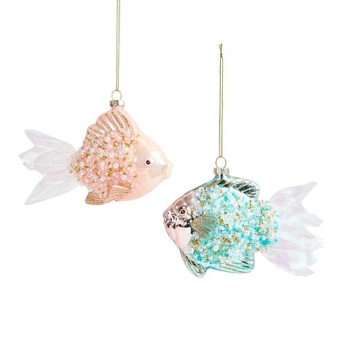 North Pole Trading Co . Cstal Pearled Fish Ble And Pnk 2-pc. Christmas Ornament In Blue