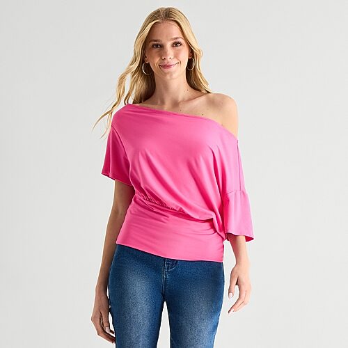 Forever 21 Off The Shoulder Womens Juniors Asymmetrical Neck Short Sleeve T-shirt In Pink