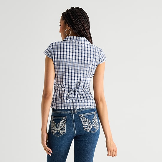 Arizona Womens Cap Sleeveless Regular Fit Button-Down Shirt