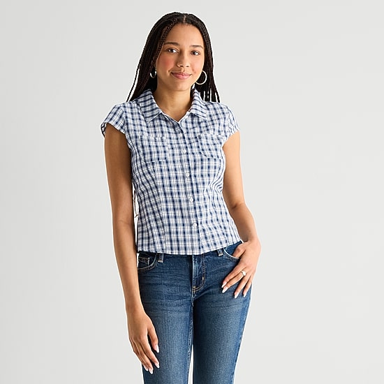 Arizona Womens Cap Sleeveless Regular Fit Button-Down Shirt