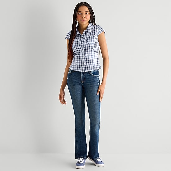Arizona Womens Cap Sleeveless Regular Fit Button-Down Shirt