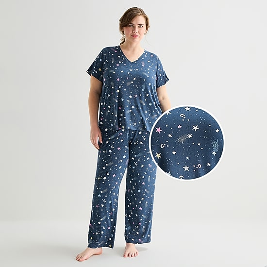 Jaclyn Womens V-Neck Short Sleeve 2-pc. Plus Pajama Set