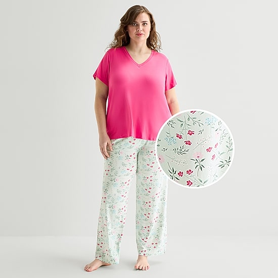 Jaclyn Womens V-Neck Short Sleeve 2-pc. Plus Pajama Set