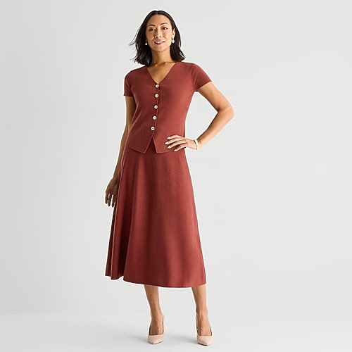 Liz Claiborne Womens High Rise Midi Sweater Flared Skirt In Brown
