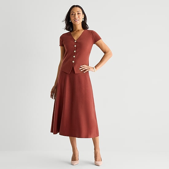 Liz Claiborne Womens High Rise Midi Sweater Knit Flared Skirt
