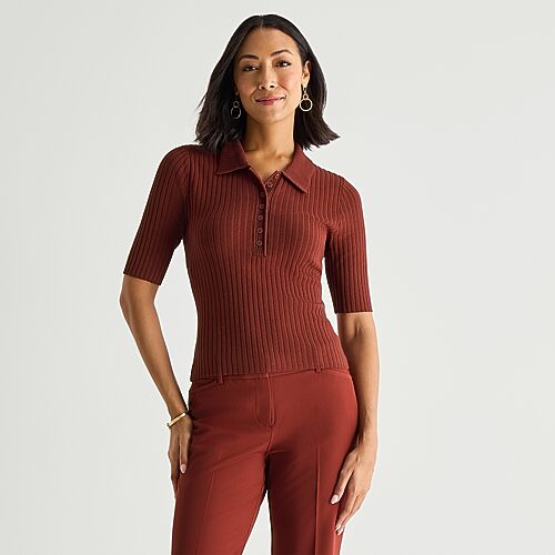 Liz Claiborne Womens Elbow Sleeve Polo Sweater In Brown