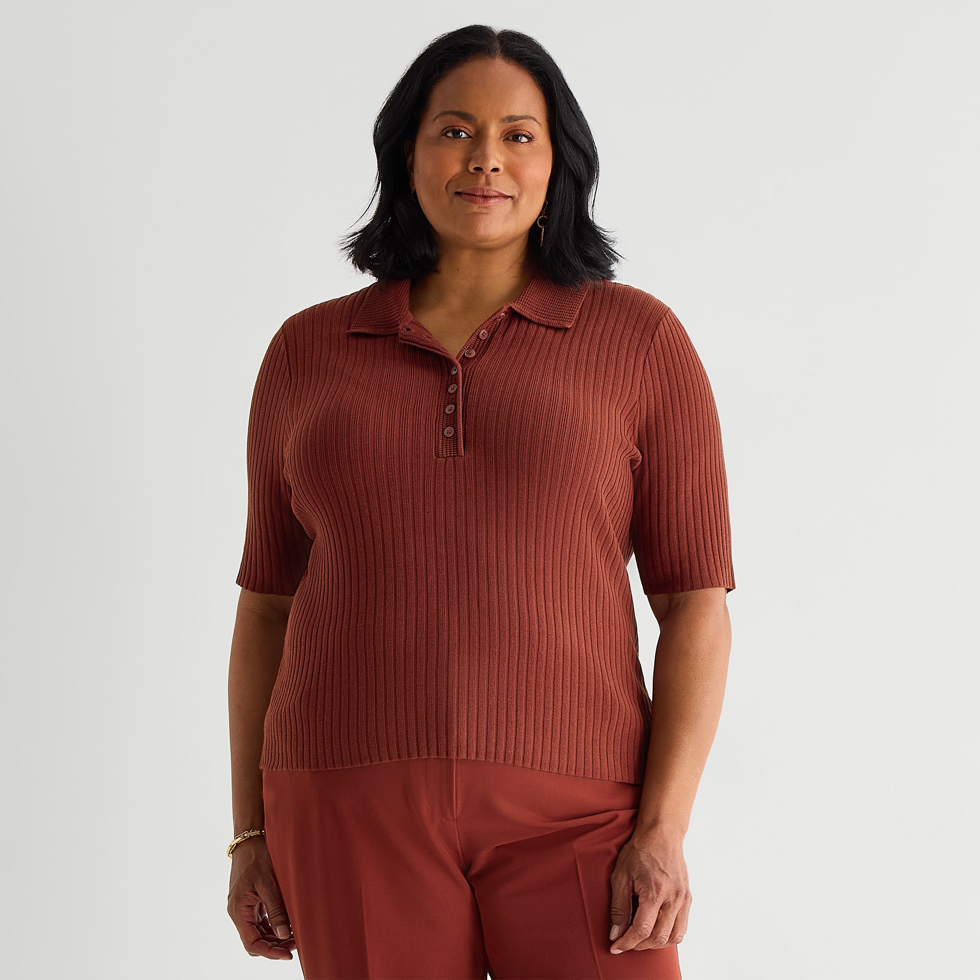 Liz Claiborne Plus Womens Elbow Sleeve Polo Sweater