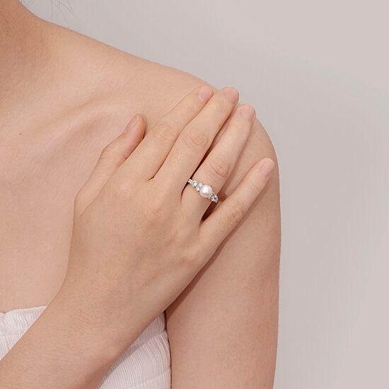 Diamonart® Cultured Freshwater Pearl and Cubic Zirconia Sterling Silver Ring
