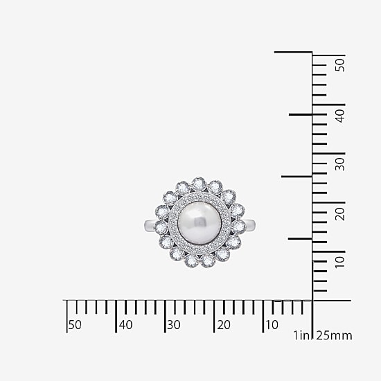 DiamonArt® Cultured Freshwater Pearl and Cubic Zirconia Sterling Silver Flower Ring