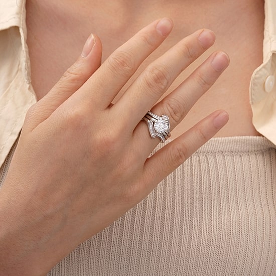 DiamonArt® Cubic Zirconia Sterling Silver Solitaire Bridal Ring & Guard