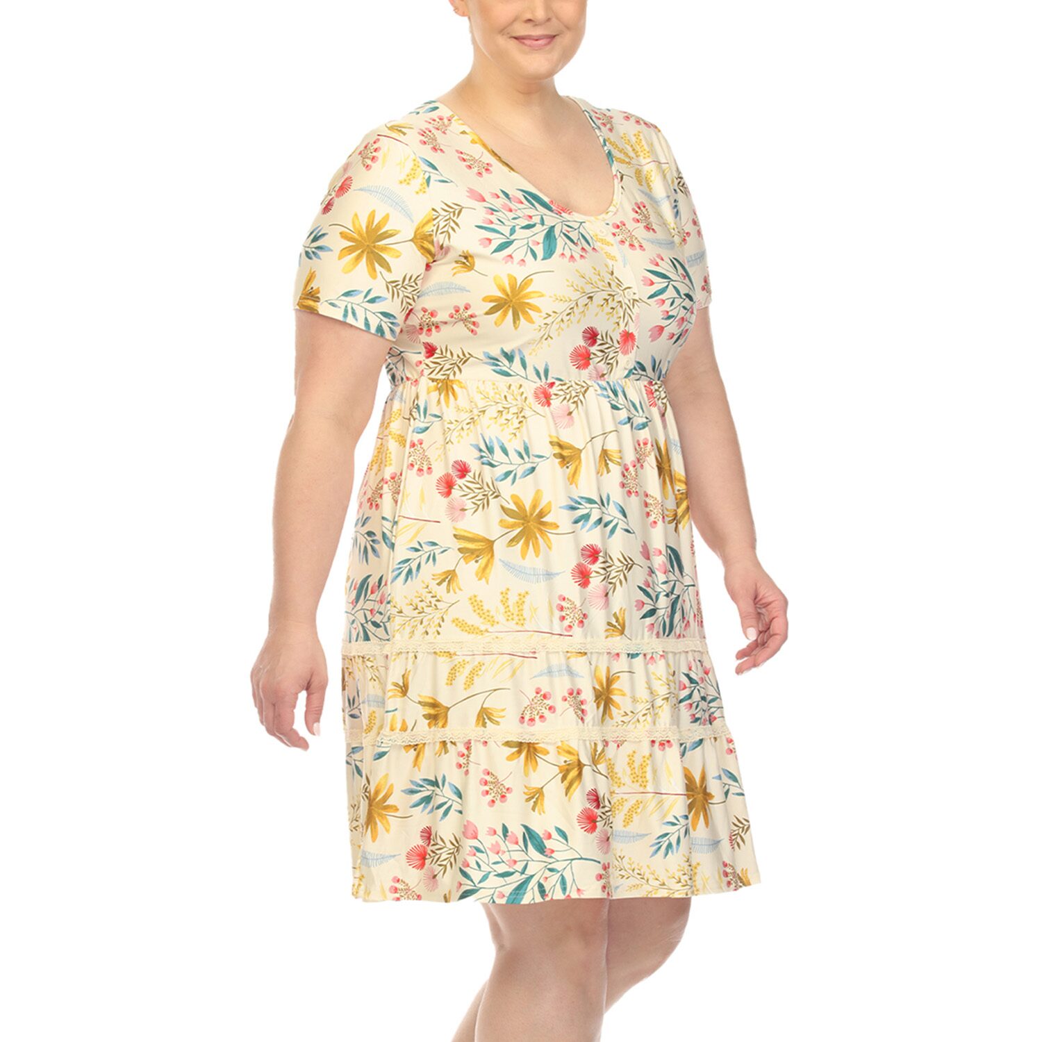 White Mark Womens Plus Scoop Neck Short Sleeve Fitted Floral Fit + Flare Dress