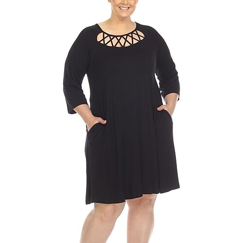 White Mark Plus Size Criss Cross Neckline 3/4 Sleeve Swing Dress - Black