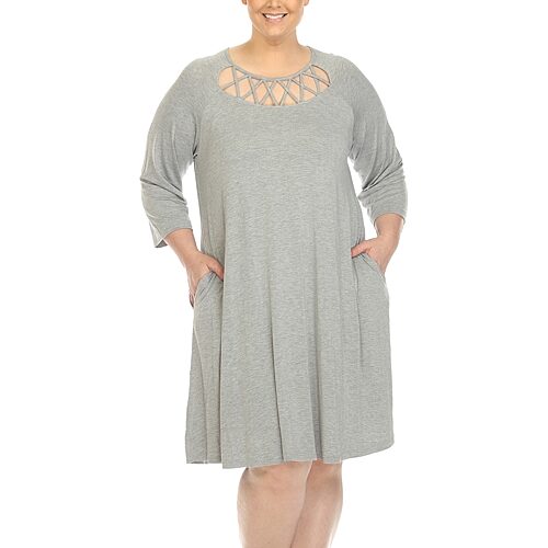 White Mark Plus Size Criss Cross Neckline 3/4 Sleeve Swing Dress - Heather Gray