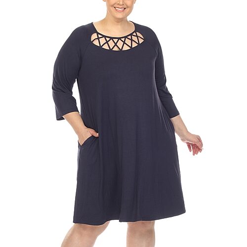White Mark Plus Size Criss Cross Neckline 3/4 Sleeve Swing Dress - Navy