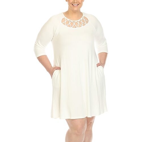 White Mark Plus Size Criss Cross Neckline 3/4 Sleeve Swing Dress - White