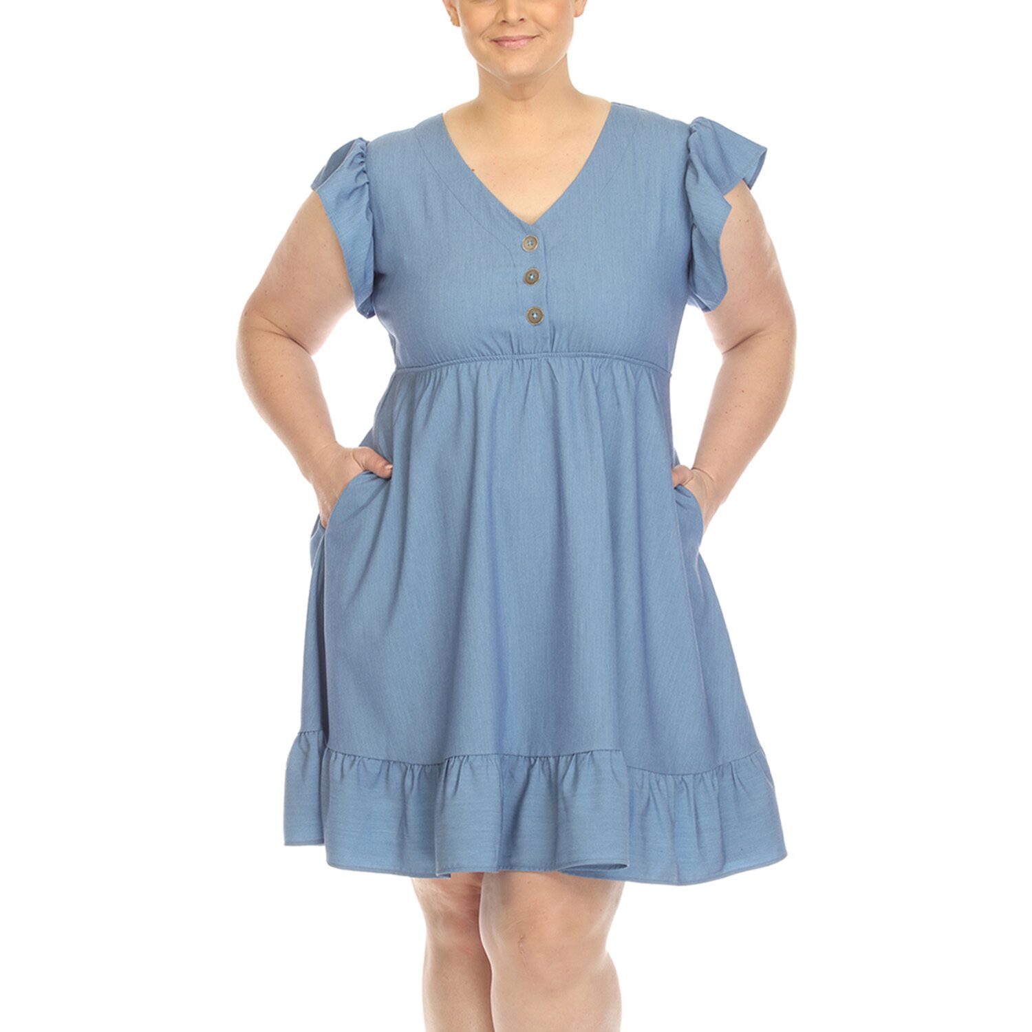 White Mark Womens Plus V Neck Short Sleeve Flutter Empire Waist Dress