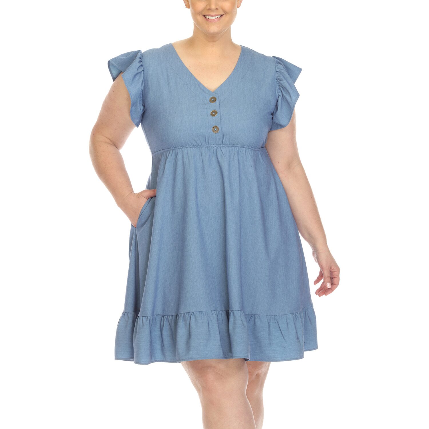 White Mark Womens Plus V Neck Short Sleeve Flutter Empire Waist Dress