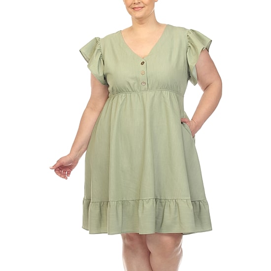 White Mark Womens Plus V Neck Short Sleeve Flutter Empire Waist Dress