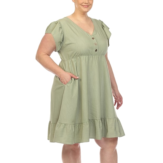 White Mark Womens Plus V Neck Short Sleeve Flutter Empire Waist Dress