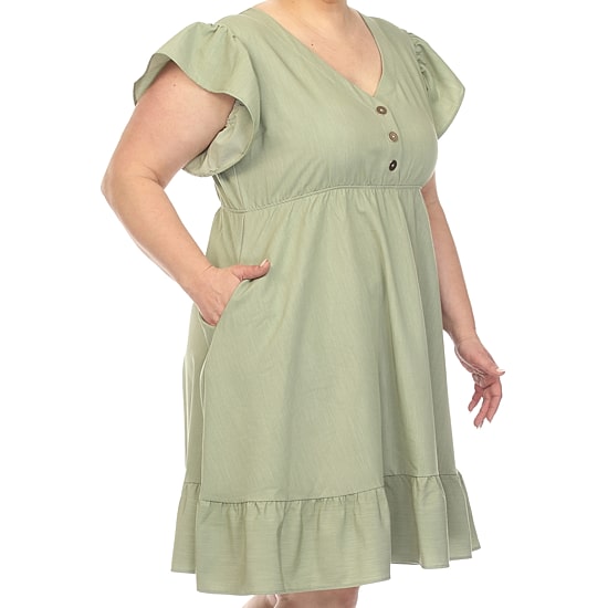 White Mark Womens Plus V Neck Short Sleeve Flutter Empire Waist Dress