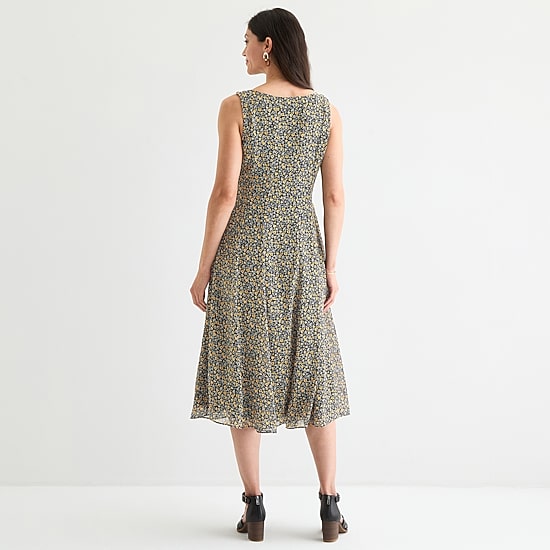 Perceptions Womens Midi Round Neck Sleeveless Chiffon Floral Fit + Flare Dress