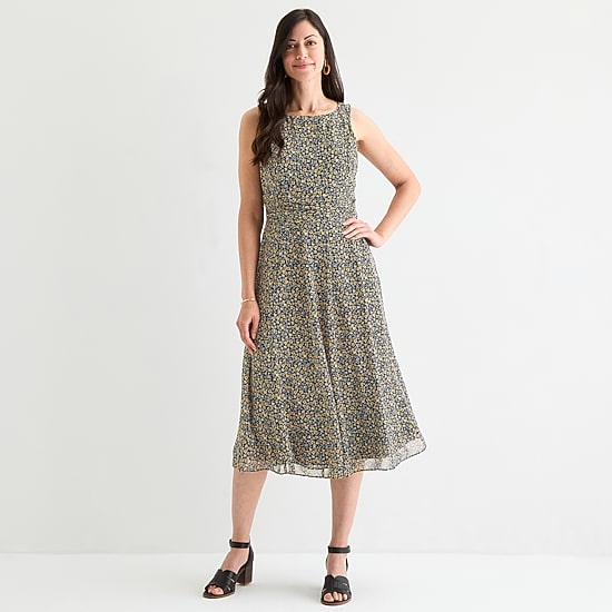 Perceptions Womens Midi Round Neck Sleeveless Chiffon Floral Fit + Flare Dress