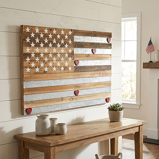 Cheungs Wooden Usa Flag With Galvanized Stripes And Magnetic Accents Metal Wall Art