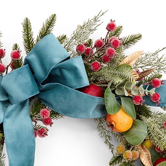 North Pole Trading Co. 24" Pomander Blue Velvet Bow Wreath